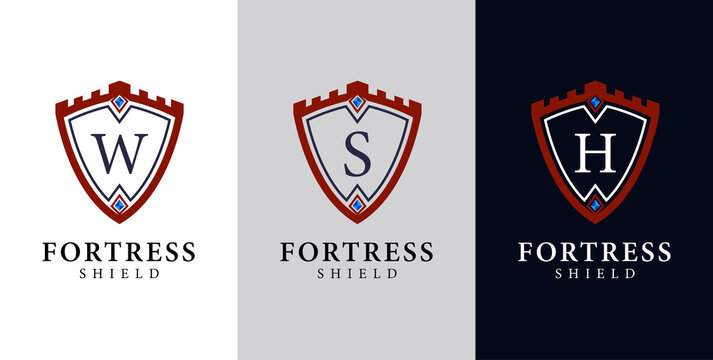 shield fortress logo. illustration of a shield with a fortress and letters in the middle