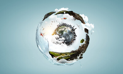 Green sphere landscape with grass and clear water . Mixed media