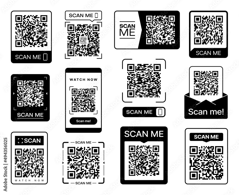 Poster scan me qr code sticker icons for phone barcode scanner, vector qrcode for mobile smartphone. qr cod