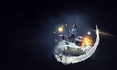 Kid wearing headphones on a rocket . Mixed media