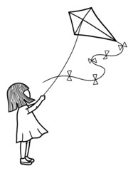 Young girl children flying kite summer activity