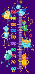 Kids height chart with cartoon funny robots characters, vector growth meter. Child measure ruler or height chart with robot toys, retro transformers and alien space android and galaxy cyborgs