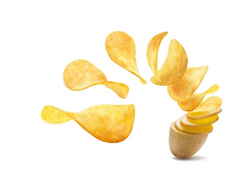 Realistic potato turning into wavy crispy chips, flying snacks splash, vector. Isolated tornado wave whirl of flying potato chips from pack, appetizer advertising