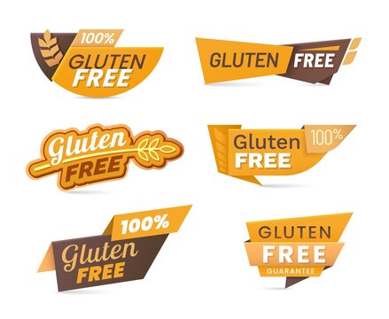 Gluten free cereal food icons, lables and banners, wheat grain vector symbol or stamp. Gluten free bread, allergy diet nutrition products sticker or menu sign for 100 percent gluten free guarantee