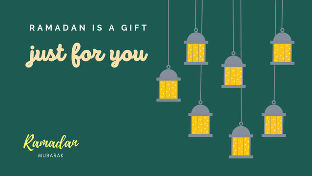 Ramadan digital card template with motivation quote for welcoming Ramadan. With hanging lantern picture on the side and dark green color in the background.