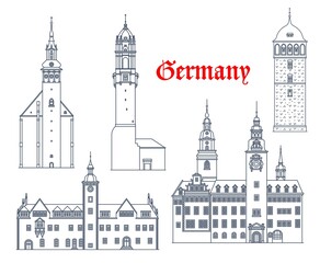 Fototapeta premium Germany buildings architecture of Freiburg, Schneeberg, Chemnitz and Bautzen, vector travel landmarks. German buildings of St Wolfgang Kirche church, town hall Rathaus and Reichenturm tower