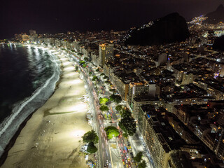 Copacabana beach in nighttime content, Rio de Janeiro, Brazil. Beautiful seaside town with old...