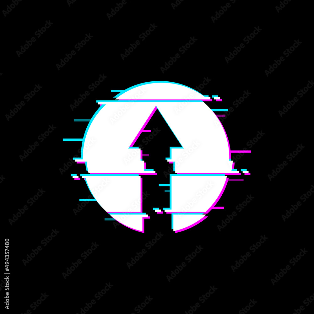 Poster Up arrow button with glitched effect in digital noise circle isolated pointer web navigation design element. Vector next or above sign, cursor with display malfunction, signal loss or glitched screen