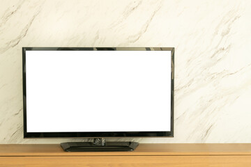 Black led television screen blank on tv cabinet and white marble background