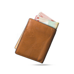 3D rendering of Indonesian rupiah notes popping out of a brown leather men’s wallet