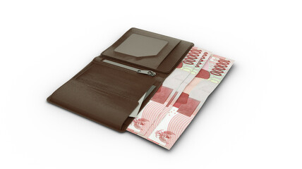 3D rendering of 100000 Indonesian rupiah notes popping out of a brown leather men’s wallet isolated on white background