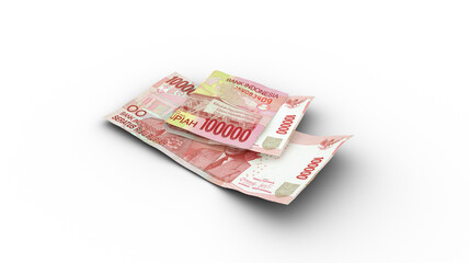3D rendering of Double 100000 Indonesian rupiah notes with shadows on white background