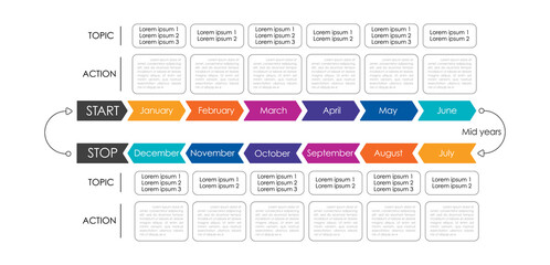 Infographic business year plan tenmplate and breakdown details per month, monthly plan with topic and details