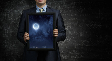 Full moon on night sky. Elements of this image furnished by NASA . Mixed media