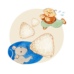 日本昔話　おむすびころりん　水彩 イラスト