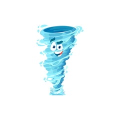 Cartoon tornado cheerful character. Storm, whirlwind twister or cyclone vector personage with blue water drops and smiling face. Hurricane or typhoon, thunderstorm weather forecast vector icon