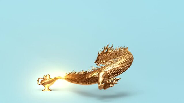 3D rendering animation chinese dragon come out from Aladdin lamp magical include alpha path.