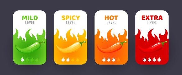 Spicy level labels of pepper with fire flames, vector mild, medium and extra hot taste. Spicy flavor level labels or stickers for package with burning flame of chili pepper, jalapeno or tabasco sauce