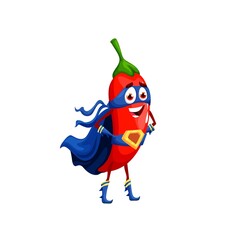 Cartoon chili pepper superhero character, vector funny red jalapeno vegetable in red super hero cloak and mask stand with arms akimbo. Fairytale personage, isolated chilli, healthy vitamin spisey food