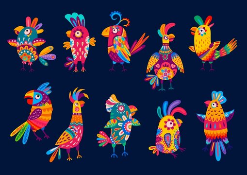 Colorful brazilian and mexican parrot birds, vector alebrije paper craft. Parrots birds of Mexico or Brazil tropical jungle in paper cut art, cartoon exotic ara or parakeet in floral ornament