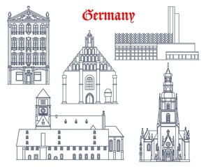 Germany architecture buildings of Chemnitz, Kamenz and Zwickau, vector travel landmarks. German buildings of Siegertsches Haus or Siegert House, Stadthalle city hall, St Mary Church Marienkirche