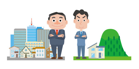 都会で働く男性と田舎で働く男性