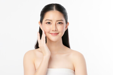 Beautiful young asian woman with clean fresh skin on white background, Face care, Facial treatment, Cosmetology, beauty and spa, Asian women portrait.