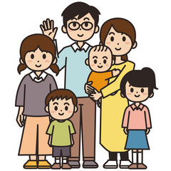 六人家族のイラスト素材　全身　赤ちゃん　子だくさん