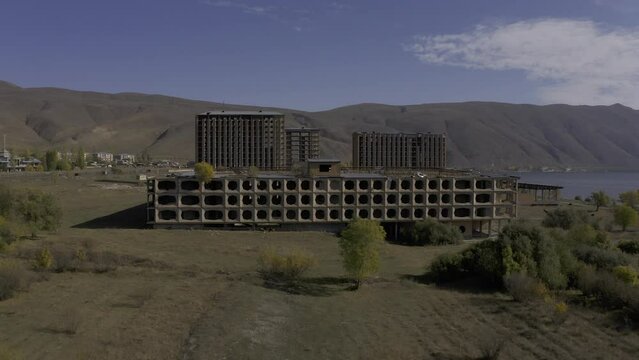 Aerial, Abandoned Buildings Along The Sevan Lake, Armenia