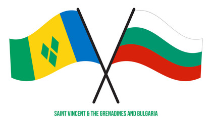 Saint Vincent & the Grenadines and Bulgaria Flags Crossed And Waving Flat Style. Official Proportion