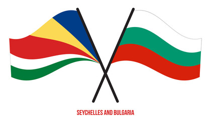 Seychelles and Bulgaria Flags Crossed And Waving Flat Style. Official Proportion. Correct Colors.