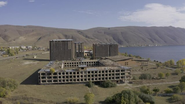 Aerial, Abandoned Buildings Along The Sevan Lake, Armenia