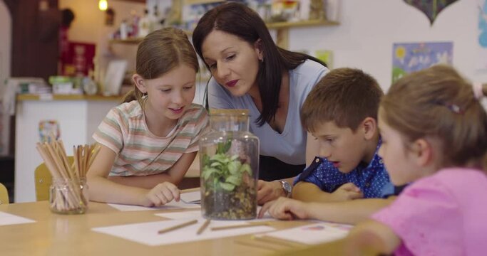 Female Teacher with kids in biology class at elementary school conducting biology or botanical scientific experiment about sustainable Growing plants. Learning about plants in a glass ja
