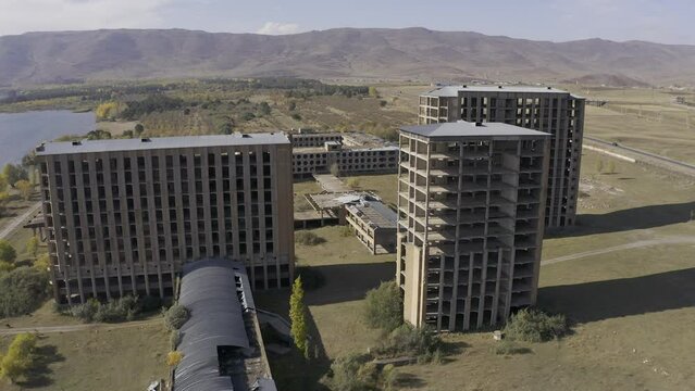Aerial, Abandoned Buildings Along The Sevan Lake, Armenia
