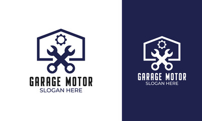 Obraz premium Garage or workshop logo design with wrench icon for automotive service