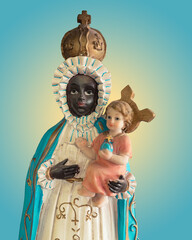 A figure of Yemaya aka Our Lady of Regla, Imanja, on a soft blue and yellow gradient background