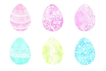 a set of pastel watercolor Easter eggs with doodling. painted eggs of delicate colors isolated on a white background