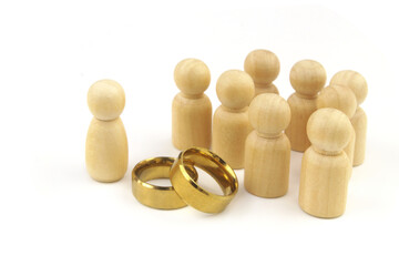 Female and many male people figures with wedding rings isolated on white background. Demographic problems, polygamy and choose bride concept.