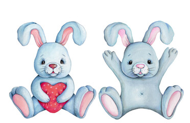 Cute cartoon bunny rabbits, sitting. Watercolor illustration.