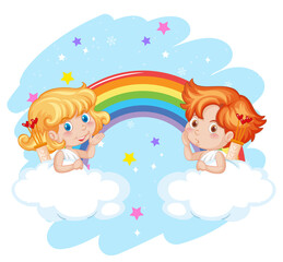 Angel boy and girl with rainbow in cartoon style