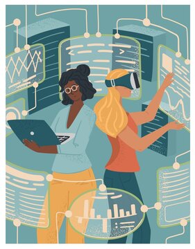 Woman in VR glasses working with virtual reality screens. Black and white female engineers. Diversity and Break the science bias concept vector illustration. Women in tech. Innovative technologies