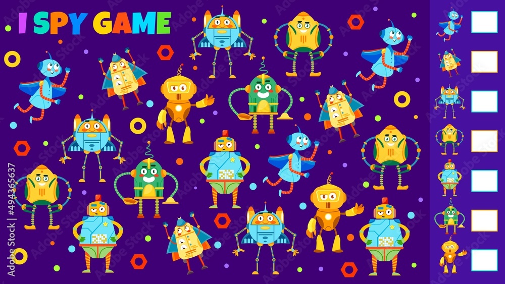 Poster cartoon robots, i spy game worksheet and kids puzzle, vector tabletop riddle. education puzzle game 