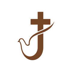 Christianity religion vector icon with crucifix and white dove. Christian catholic cross , pigeon bird and symbol isolated on white background, religious emblem
