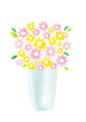 黄色とピンク色の花　花束　水彩画