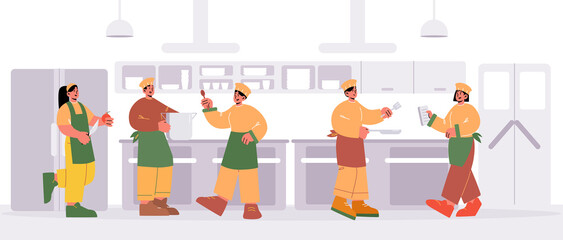 Restaurant chefs cooking on kitchen. Cafe staff characters team wear toques and uniform work together in cafeteria, hospitality service profession men and women Line art people vector illustration - obrazy, fototapety, plakaty