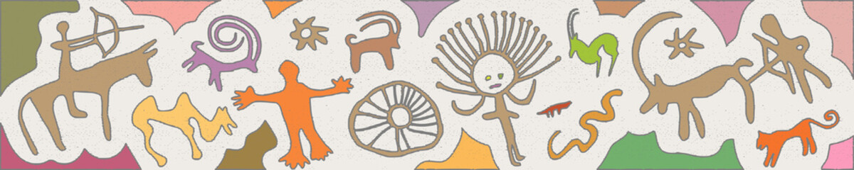 Panel on the ethnic theme. A series of petroglyphs, rock paintings, vector design.