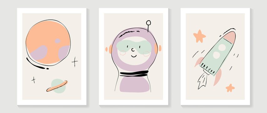 Kids and cute wall art vector collection. Funny and lovely design with astronaut,spaceship, stars and universe . Good design for bedroom and home decoration pictures. kids cover background template.