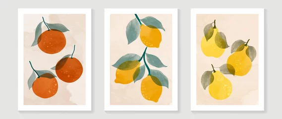 Fotobehang Abstract fruit wall art set. Collection of minimal drawing with branches, oranges, lemon and citrus. Spring season watercolor perfect for decoration, interior, background, wallpaper. © TWINS DESIGN STUDIO