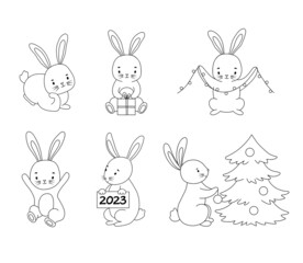 Obraz na płótnie Canvas Set of cute line rabbits in different poses. Vector symbol of new year 2023 isolated on white background. Bunny with Christmas tree and gift for baby coloring page.