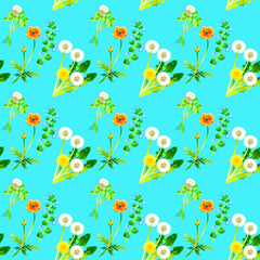 春の草花のシームレスパターン　植物の手描き水彩イラスト背景素材